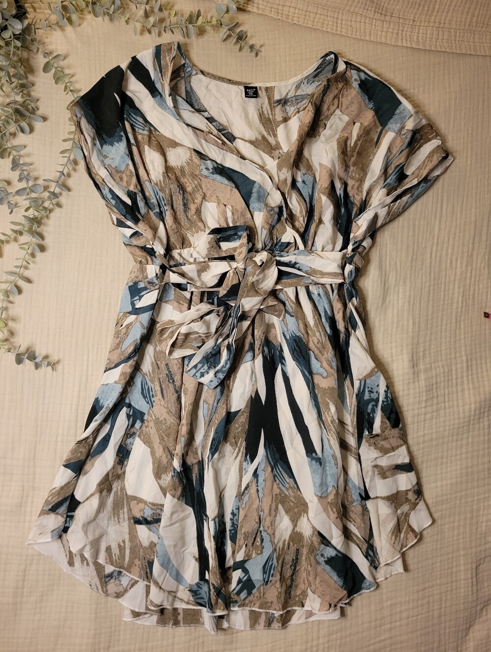 Abstract Print Tie-Waist Dress in Blue, Tan, Black & White